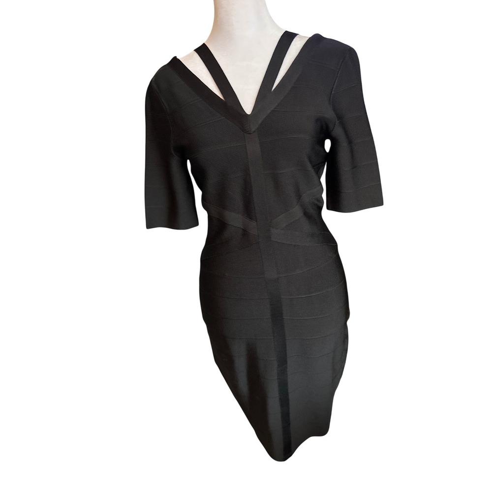 Venus Bandage Dress Womens Small Black V-Neck Strappy Bodycon Zipper